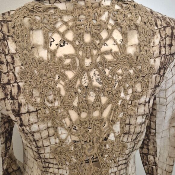 Alberto Makali Blazer Jacket 10 Brown 100% Linen Lace Pattern Notched Lapel - Picture 7 of 9